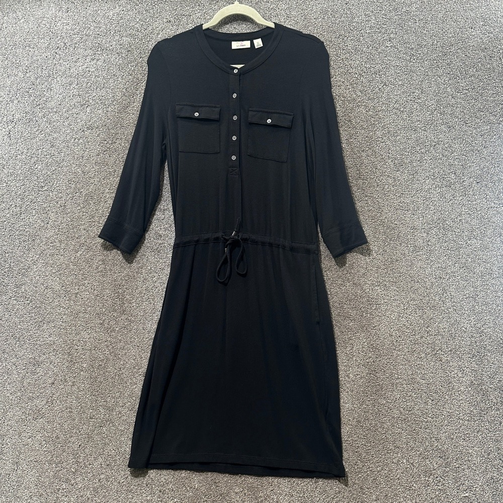 LL Bean Drawstring Waist Shirt Dress Women XS Black Rayon Knit Minimalist Casual